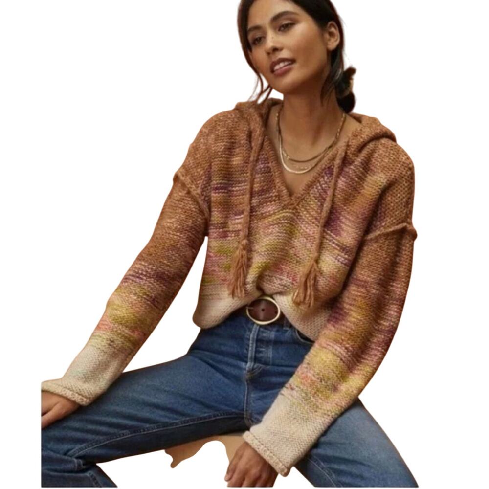 ANTHROPOLOGIE PILCRO Women’s Boho Hooded Fuzzy Tassel Vneck Sweater